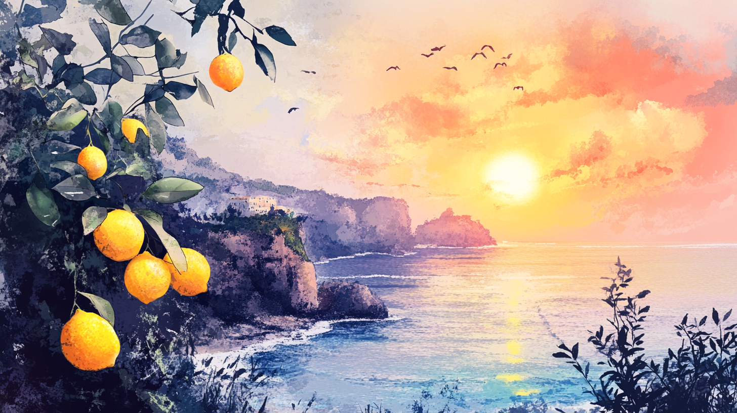 Lemon grove on the ocean at sunset